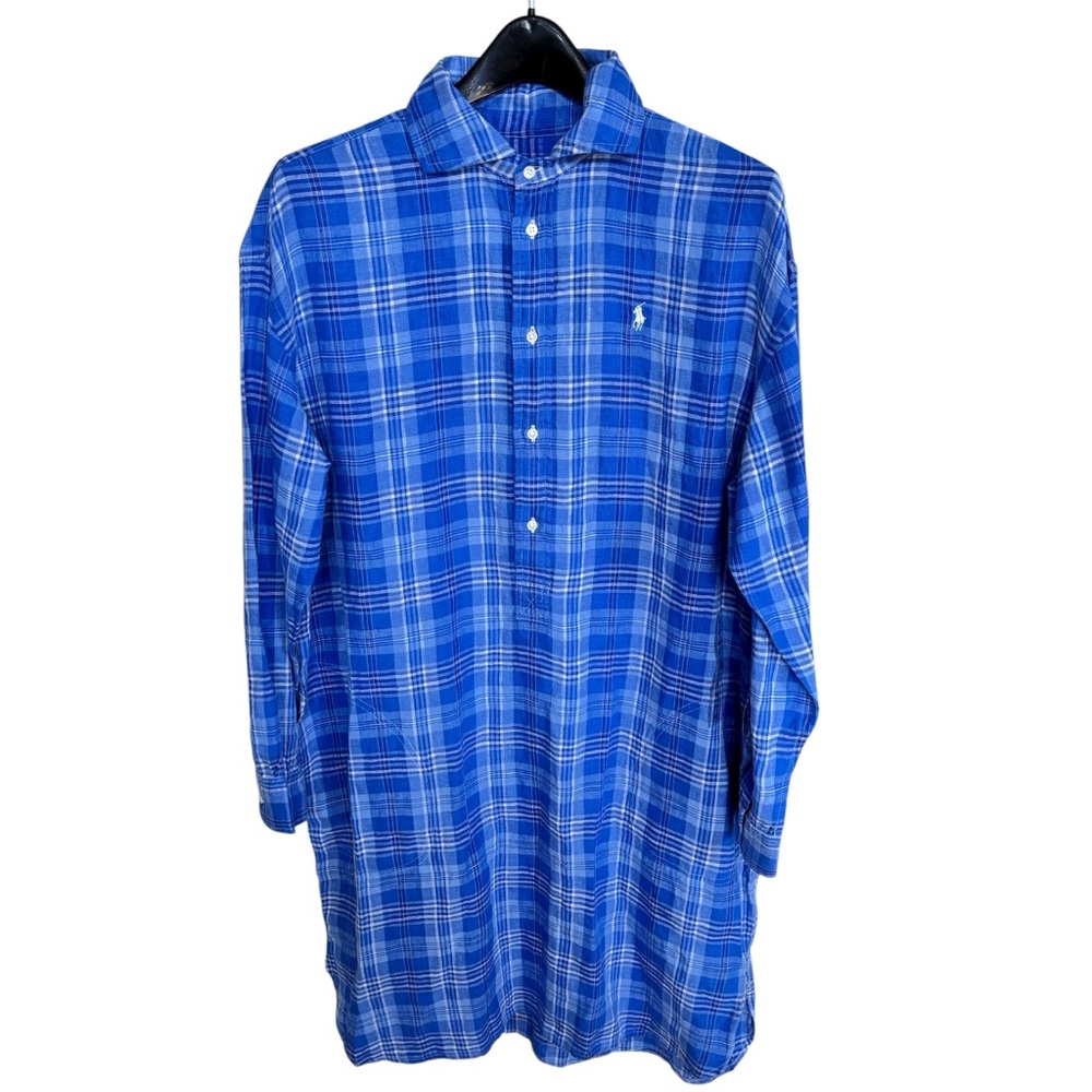 Polo Ralph Lauren Blue Plaid 100% Linen Tie Shirt Dress Sz 12
